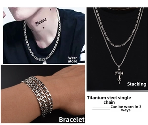 Three-way titanium steel Cuban link chain shown as a necklace and wrap bracelet