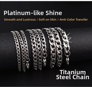 Detailed view of silver titanium steel Cuban link chains in various widths with lobster clasp