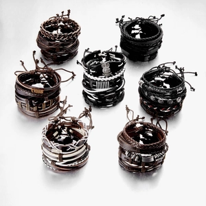 Men's retro multilayer leather bracelet set with leaf wood beads and metal charms