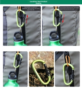 Detail of green D-ring locking carabiner attached to a backpack and water bottle
