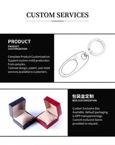 Detailed technical drawing of keychain hook with premium blue and red custom gift boxes