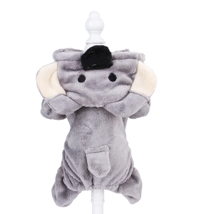 Detailed close-up of grey fleece pet costume with cartoon elephant ears and trunk design
