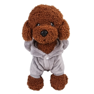 Detailed view of brown plush dog toy wearing a grey hooded coral fleece pet sweater