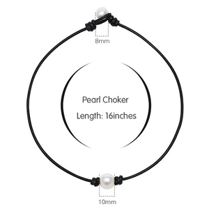 Minimalist black leather cord choker necklace with two large 8mm and 10mm white pearls