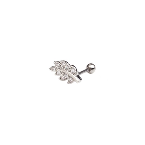 Silver leaf cartilage stud earring with cubic zirconia and secure screw back closure