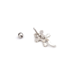 Silver stainless steel gecko stud earring with screw back ball closure for cartilage