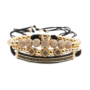 Adjustable Crown Bracelet Copper Beads Micro Pave Cubic Zirconia Geometric Cube Braided Rope Hip Hop Jewelry Men