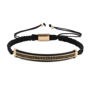 Men's adjustable black woven bracelet with micro-paved gold bar and zircon beads