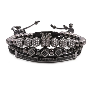 Men's beaded bracelet set with silver crown and micro-pave zircon spheres in black