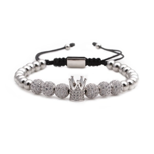 Braided crown bracelet with micro-pave zircon disco balls and adjustable nylon cord