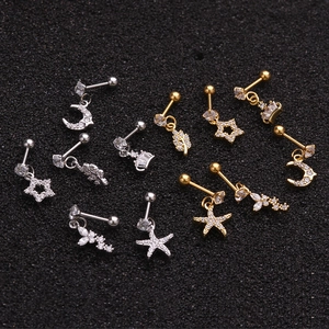 Starfish and moon stainless steel cartilage earrings with zircons in gold and silver finish