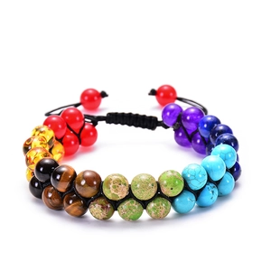Detail of adjustable double-layer chakra bracelet with colorful natural stone beads