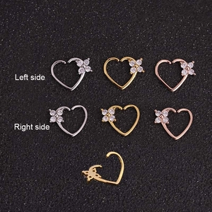 Open heart cartilage earring with zircon flower available in gold, silver, and rose gold