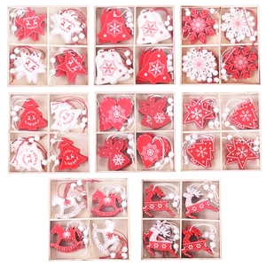 Set of 12 red and white wooden Christmas tree ornaments with stars and reindeer shapes