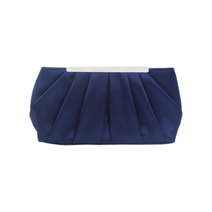 Detail view of deep blue pleated satin evening clutch with elegant silver metal frame