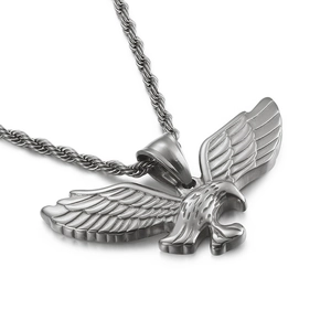 Silver titanium steel eagle pendant necklace with twist chain on white background