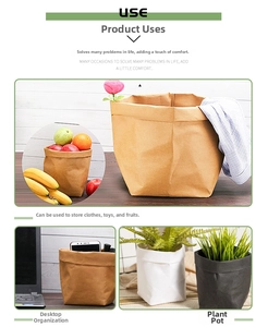 Washable kraft paper bags for storage of clothes, fruits, and toys in various home scenes