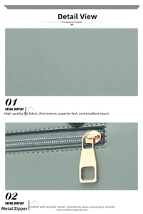 Close-up of premium light green PU leather texture and durable golden metal zipper details