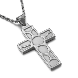 Silver stainless steel cross necklace for men with matte and polished texture finishes