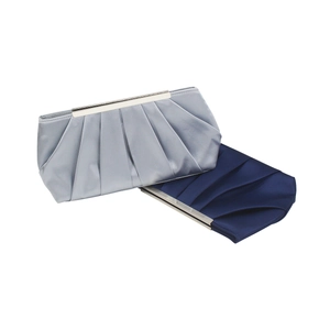 Close-up of pleated satin evening clutch bags in silver and navy with metal trim
