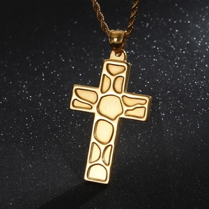 Modern gold stainless steel cross necklace for men with textured pendant and rope chain