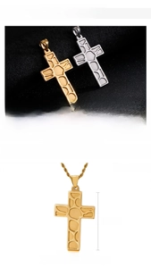 Detail view of steel cross pendant with geometric texture and dimensions of 51mm x 31mm