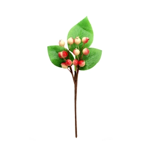 Artificial berry branch with 12 red and beige gradient berries and green leaves