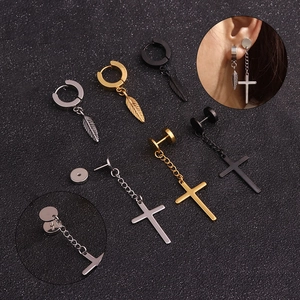 Stainless Steel Cross Feather Earrings Minimalist Cartilage Studs Hoop Body Piercing Jewelry For Men Women