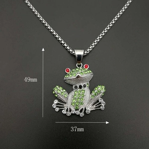 Hiphop silver frog pendant with red and green rhinestones measuring 49mm by 37mm