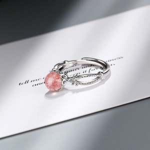 Minimalist silver open ring with round pink strawberry crystal and small clear gemstone