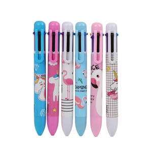 Set of 6 cartoon flamingo and unicorn multi-color ballpoint pens with 6 vibrant ink shades