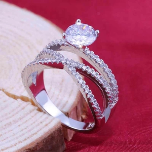 Sparkling double-layer crossover engagement ring with round zircon and pavé diamonds