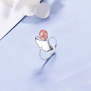 Eleganter Erdbeerquarz Ring mit Silberblatt Design und verstellbarem Band für Damen