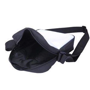 Detail view of the open zipper and spacious interior of the black and white nylon crossbody bag