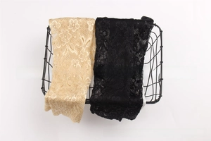 Macro shot of long lace sun protection sleeves featuring intricate floral patterns in black