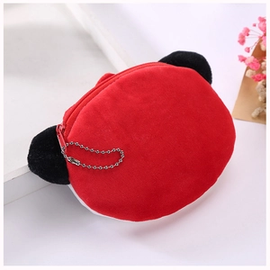 Cute round plush coin purse in vibrant red and black with metal bead chain for keys