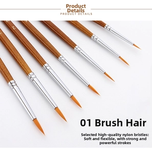 Detail of 7 professional nylon hair fine detail paint brushes with natural wood handles