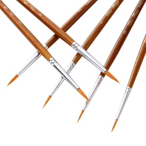 Set of 5 professional nylon fine detail paint brushes with brown wooden handles and orange hair