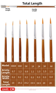 Size chart showing dimensions for seven professional nylon fiber fine detail paint brushes