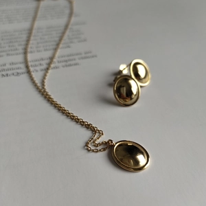 Minimalist gold plated 925 silver oval pendant necklace and stud earrings set