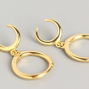 Polished gold S925 sterling silver crescent moon hoop earrings with hallmark engraving
