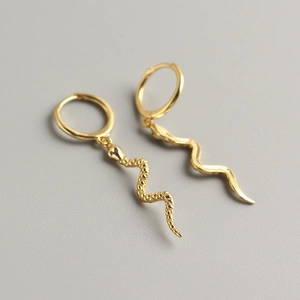Exaggerated long snake pendant earrings in gold finish made of S925 sterling silver