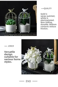 Detail view of the durable gold-painted birdcage metal stand and the white ceramic flower pot