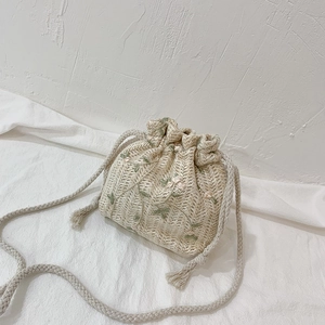 Straw Woven Bucket Bag Floral Embroidery Drawstring Summer Boho Shoulder Crossbody Purse For Women Small Casual Handbag