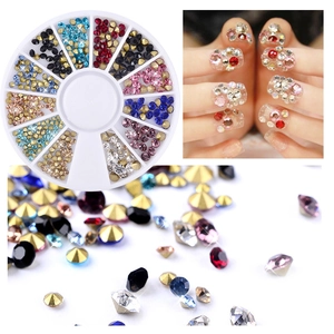 Nail art rhinestone set in 12-slot wheel featuring multi-color crystals and heart gems