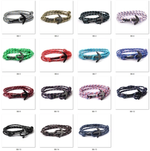 Selection of 15 colorful braided anchor bracelets with black metal nautical buckles