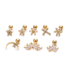Set di 8 piercing labret in acciaio inossidabile dorato con zircone fiocco stella orecchio