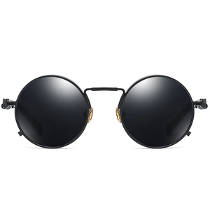 Steampunk polarized round sunglasses with black metal frame and decorative screw details