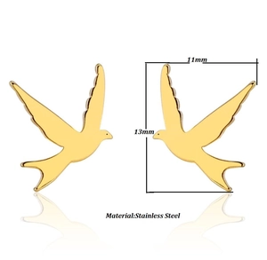 Macro shot of gold stainless steel swallow stud earrings measuring 11mm by 13mm