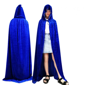 Dark blue hooded velvet cloak for Halloween, full-length wizard and vampire costume